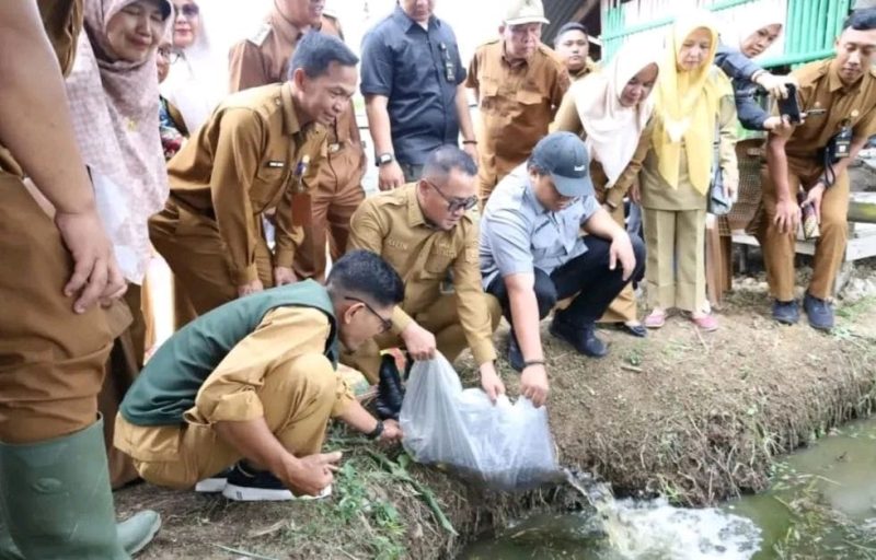 Walikota Sungai Penuh, Alfin, menyerahkan benih lele dan pakan kepada anggota Pokdakan di Desa Simpang Tiga.