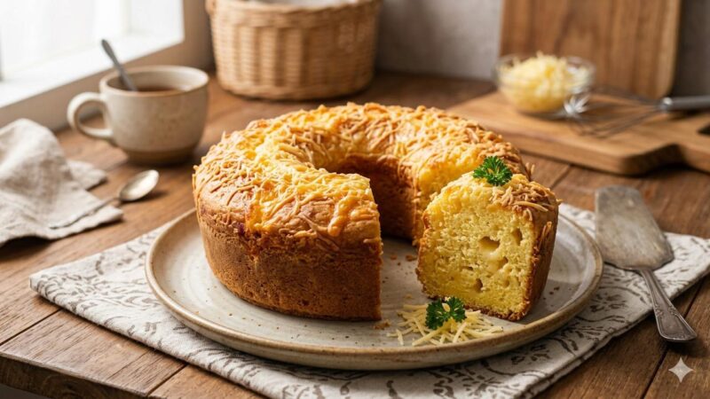 Bolu keju cheddar lembut dan gurih siap disajikan.