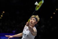 Pebulu tangkis Taiwan, Lin Chun Yi, merayakan kemenangan setelah mengalahkan Lakshya Sen pada final All England Open 2026 di Utilita Arena Birmingham, Inggris.
