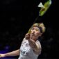 Pebulu tangkis Taiwan, Lin Chun Yi, merayakan kemenangan setelah mengalahkan Lakshya Sen pada final All England Open 2026 di Utilita Arena Birmingham, Inggris.