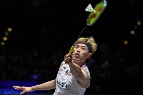 Pebulu tangkis Taiwan, Lin Chun Yi, merayakan kemenangan setelah mengalahkan Lakshya Sen pada final All England Open 2026 di Utilita Arena Birmingham, Inggris.