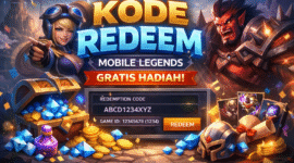 Ilustrasi kode redeem Mobile Legends menampilkan hadiah diamond, bundle, dan karakter game.