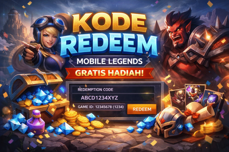 Ilustrasi kode redeem Mobile Legends menampilkan hadiah diamond, bundle, dan karakter game.