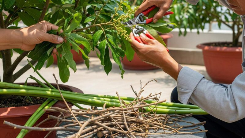 Proses pemangkasan pohon kelengkeng untuk merangsang pertumbuhan bunga dan buah.