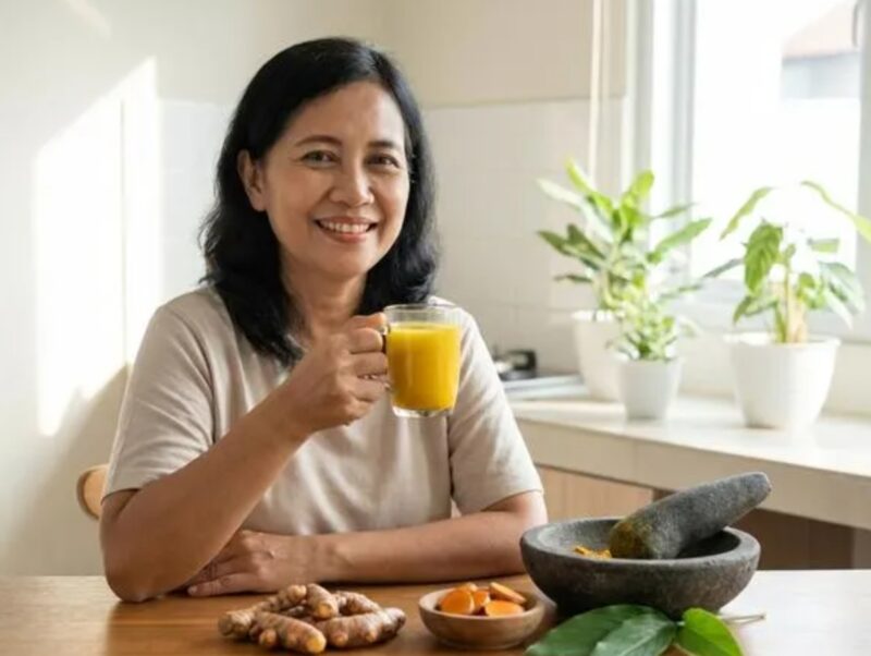 Minuman air kunyit mentah yang kaya kurkumin untuk kesehatan tubuh