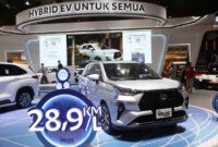 Pengunjung melihat Toyota Veloz Hybrid 2026 di showroom sambil membaca informasi harga dan estimasi pajak tahunan mobil hybrid tersebut.