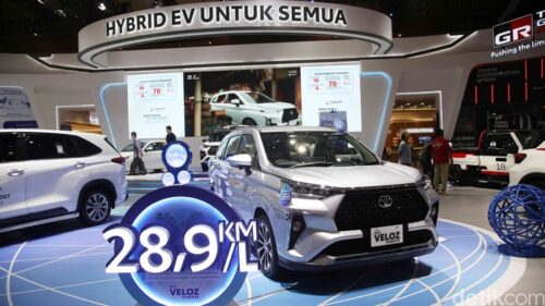 Pengunjung melihat Toyota Veloz Hybrid 2026 di showroom sambil membaca informasi harga dan estimasi pajak tahunan mobil hybrid tersebut.