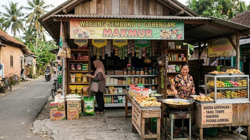 Seorang pedagang melayani pembeli di warung sembako sekaligus menjual gorengan di teras rumah