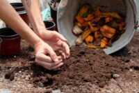 Seseorang mengolah sampah sayur menjadi pupuk kompos menggunakan ember komposter di rumah.