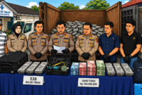 Ilustrasi  polisi menunjukkan barang bukti timah dan uang hasil kejahatan di Bangka
