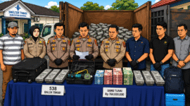 Ilustrasi  polisi menunjukkan barang bukti timah dan uang hasil kejahatan di Bangka