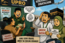 Ilustrasi karikatur menggambarkan jemaah umrah yang kecewa setelah gagal berangkat akibat dugaan penipuan travel umroh Upro, meski telah membayar biaya perjalanan.