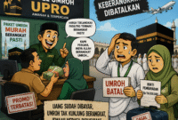 Ilustrasi karikatur menggambarkan jemaah umrah yang kecewa setelah gagal berangkat akibat dugaan penipuan travel umroh Upro, meski telah membayar biaya perjalanan.