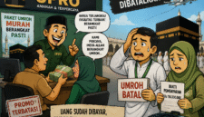 Ilustrasi karikatur menggambarkan jemaah umrah yang kecewa setelah gagal berangkat akibat dugaan penipuan travel umroh Upro, meski telah membayar biaya perjalanan.