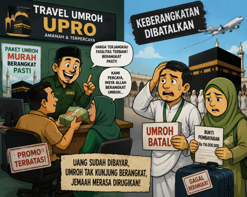 Ilustrasi karikatur menggambarkan jemaah umrah yang kecewa setelah gagal berangkat akibat dugaan penipuan travel umroh Upro, meski telah membayar biaya perjalanan.