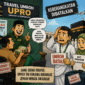 Ilustrasi karikatur menggambarkan jemaah umrah yang kecewa setelah gagal berangkat akibat dugaan penipuan travel umroh Upro, meski telah membayar biaya perjalanan.
