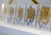 Ilustrasi emas batangan Antam. Harga emas Antam hari ini turun menjadi Rp2.819.000 per gram.