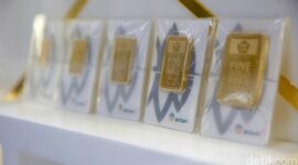 Ilustrasi emas batangan Antam. Harga emas Antam hari ini turun menjadi Rp2.819.000 per gram.