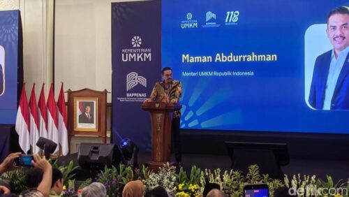 Menteri UMKM Maman Abdurrahman saat soft launching SAPA UMKM di Kantor Kementerian PPN/Bappenas, Jakarta, Kamis (21/5/2026).