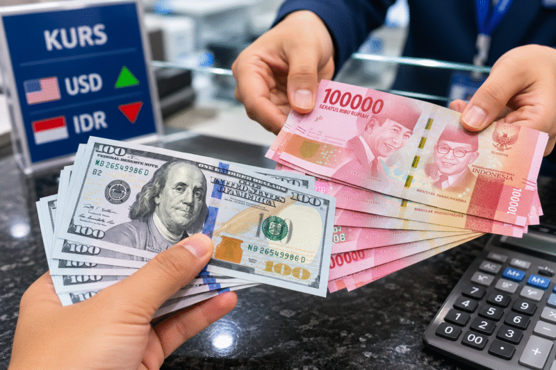 Ilustrasi Petugas menunjukkan uang rupiah saat transaksi penukaran dengan dolar AS di counter bank.