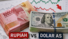 Ilustrasi rupiah dan dolar AS saat nilai tukar rupiah mengalami pelemahan.( Foto : Ilustrasi AI )