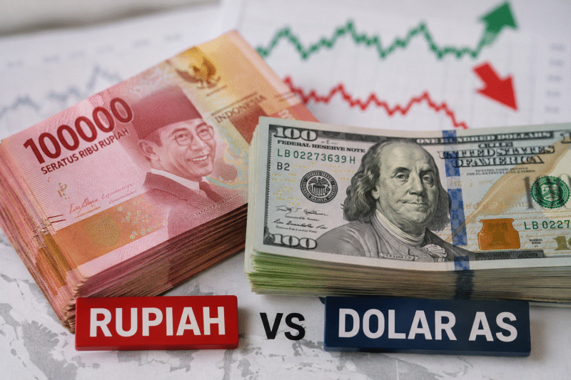 Ilustrasi rupiah dan dolar AS saat nilai tukar rupiah mengalami pelemahan.( Foto : Ilustrasi AI )