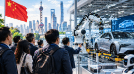 Investor dan pelaku bisnis mengunjungi fasilitas teknologi di China untuk melihat perkembangan industri secara langsung.(Foto : AI Generated Image (ChatGPT)