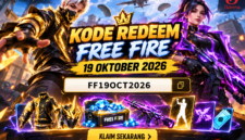 Ilustrasi kode redeem Free Fire tanggal 19 Oktober 2026 dengan tampilan karakter keren dan berbagai hadiah menarik.
