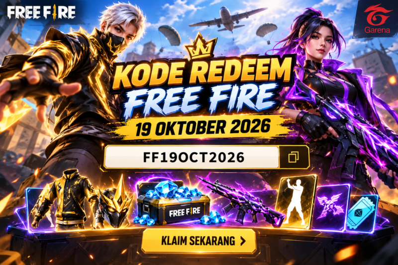 Ilustrasi kode redeem Free Fire tanggal 19 Oktober 2026 dengan tampilan karakter keren dan berbagai hadiah menarik.